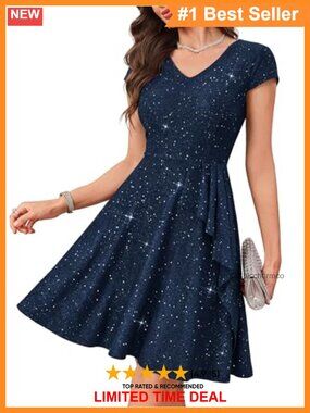 Sparkly Sequin V-Neck A-Line Midi Cocktail Dress